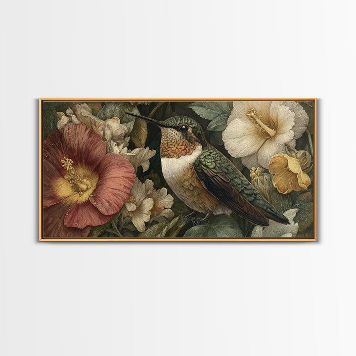Hummingbird Beside Bright Flowers Framed Canvas Print, Wildlife Art, Oil Painting, Living Room Decor, Fine Art, Wild, WIL-2x1-60