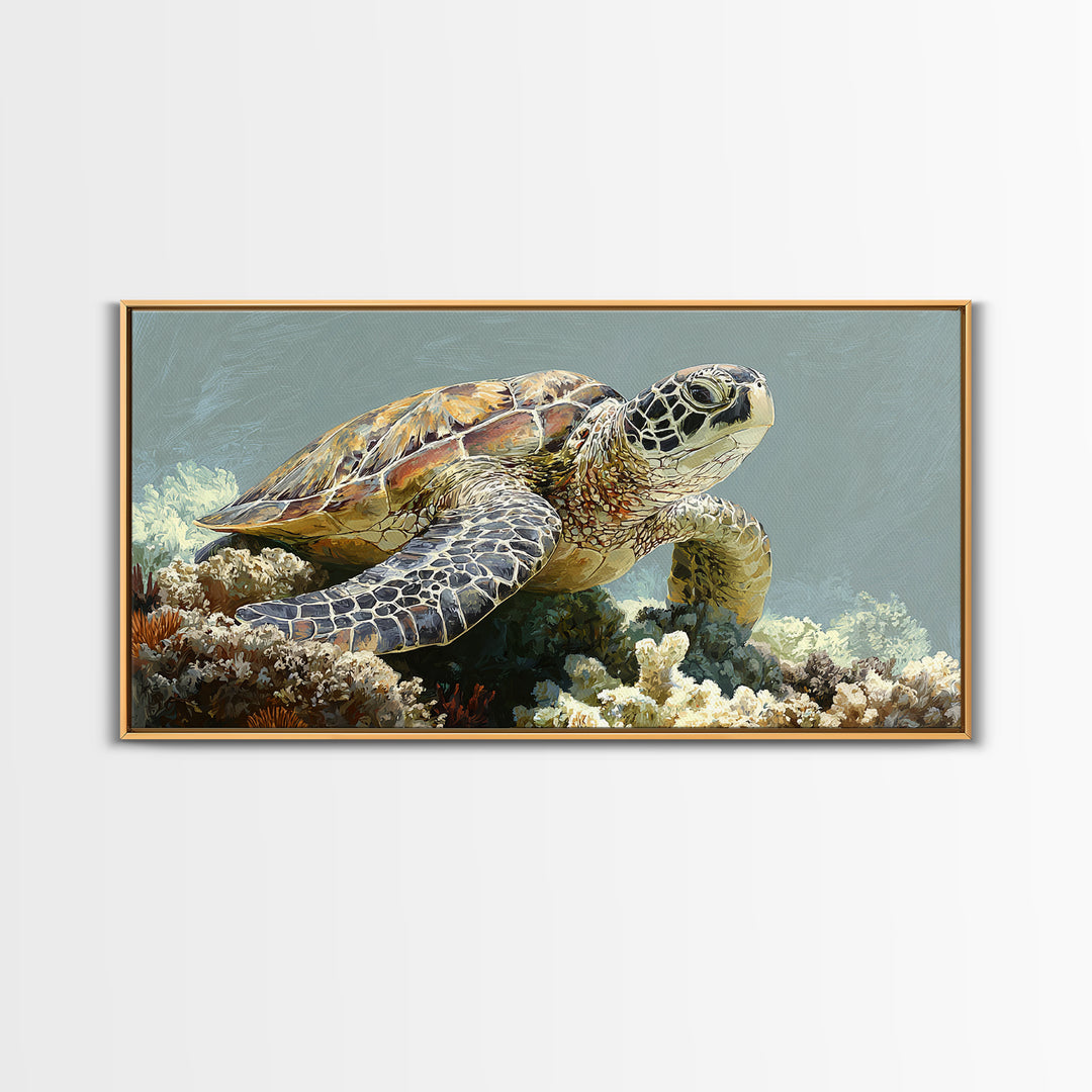 Sea Turtle over Coral Reef Canvas Print, Wildlife Art, Room Decor, Living Room Decor, Oil Painting, Wild, Large Wall Art, WIL-2x1-62