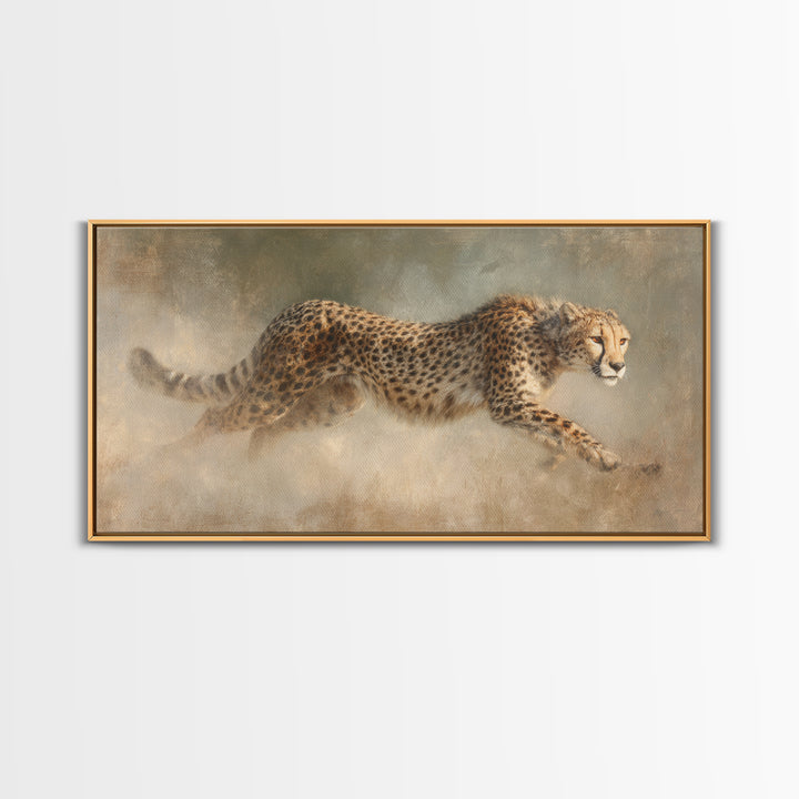 Cheetah Running Through Warm Dust Framed Canvas Print, Wildlife Art, Wall Hangings, Living Room Decor, Abstract Art, Wild, WIL-2x1-65