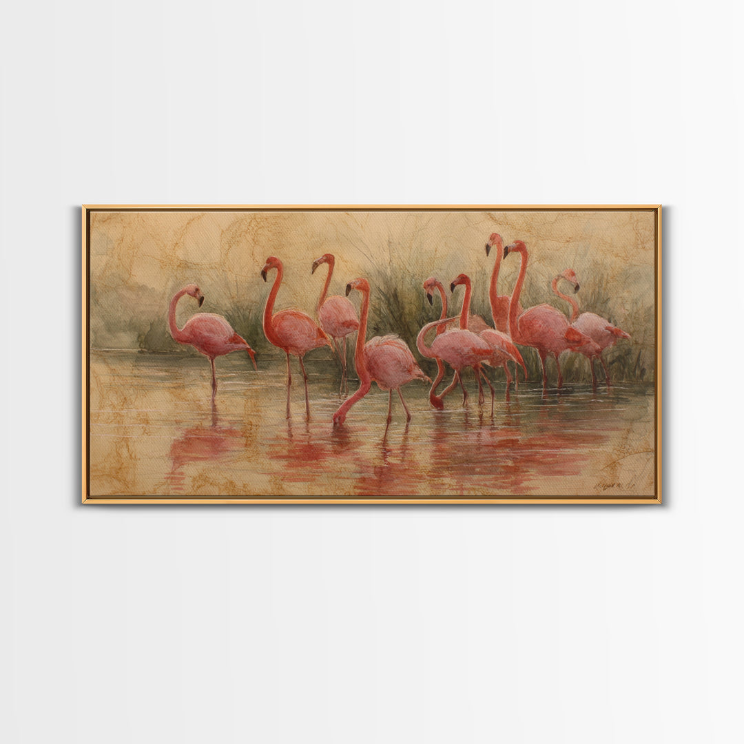Flamingos in Pink Shallow Water Canvas Print, Wildlife Art, Textured Painting, Living Room Decor, Watercolor Art, Wild, WIL-2x1-66
