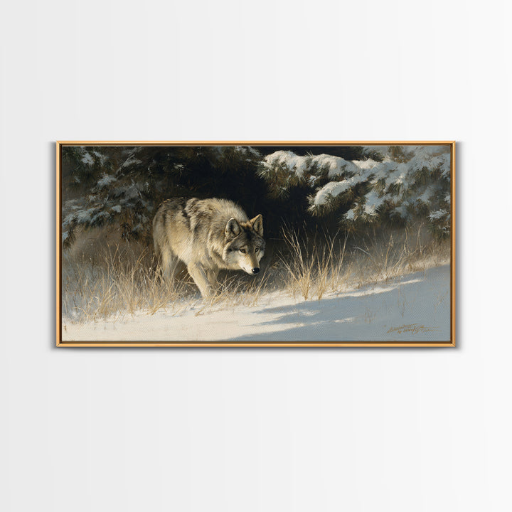 Wolf Standing Beneath Snowy Pine Trees Canvas Print, Wildlife Art, Living Room Art, Living Room Decor, Abstract Art, Wild, WIL-2x1-71