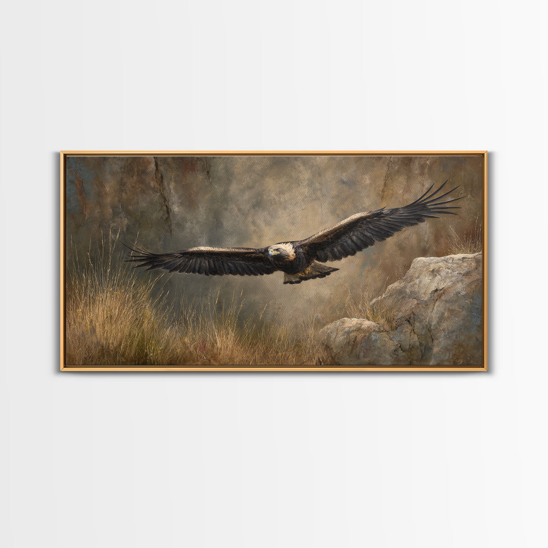 Eagle Soaring Above Rocky Cliffs Canvas Print, Wildlife Art, Living Room Decor, Watercolor Art, Wild, Living Room Wall Art, WIL-2x1-74