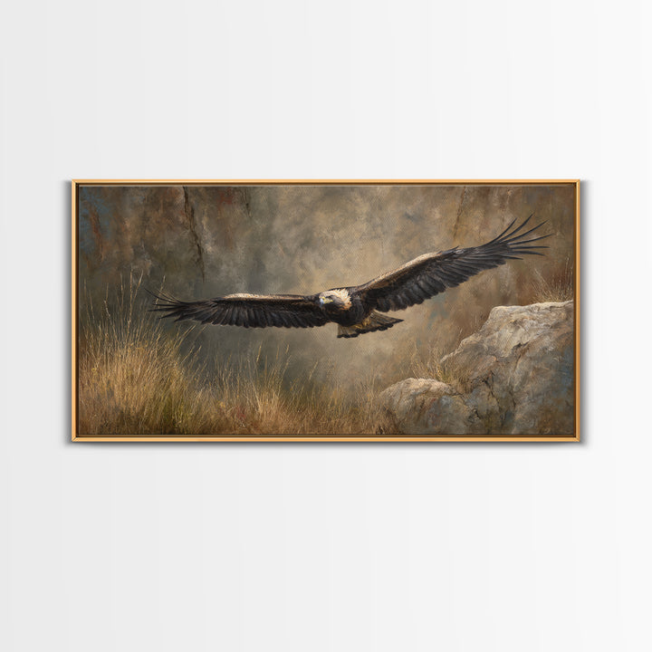 Eagle Soaring Above Rocky Cliffs Canvas Print, Wildlife Art, Living Room Decor, Watercolor Art, Wild, Living Room Wall Art, WIL-2x1-74