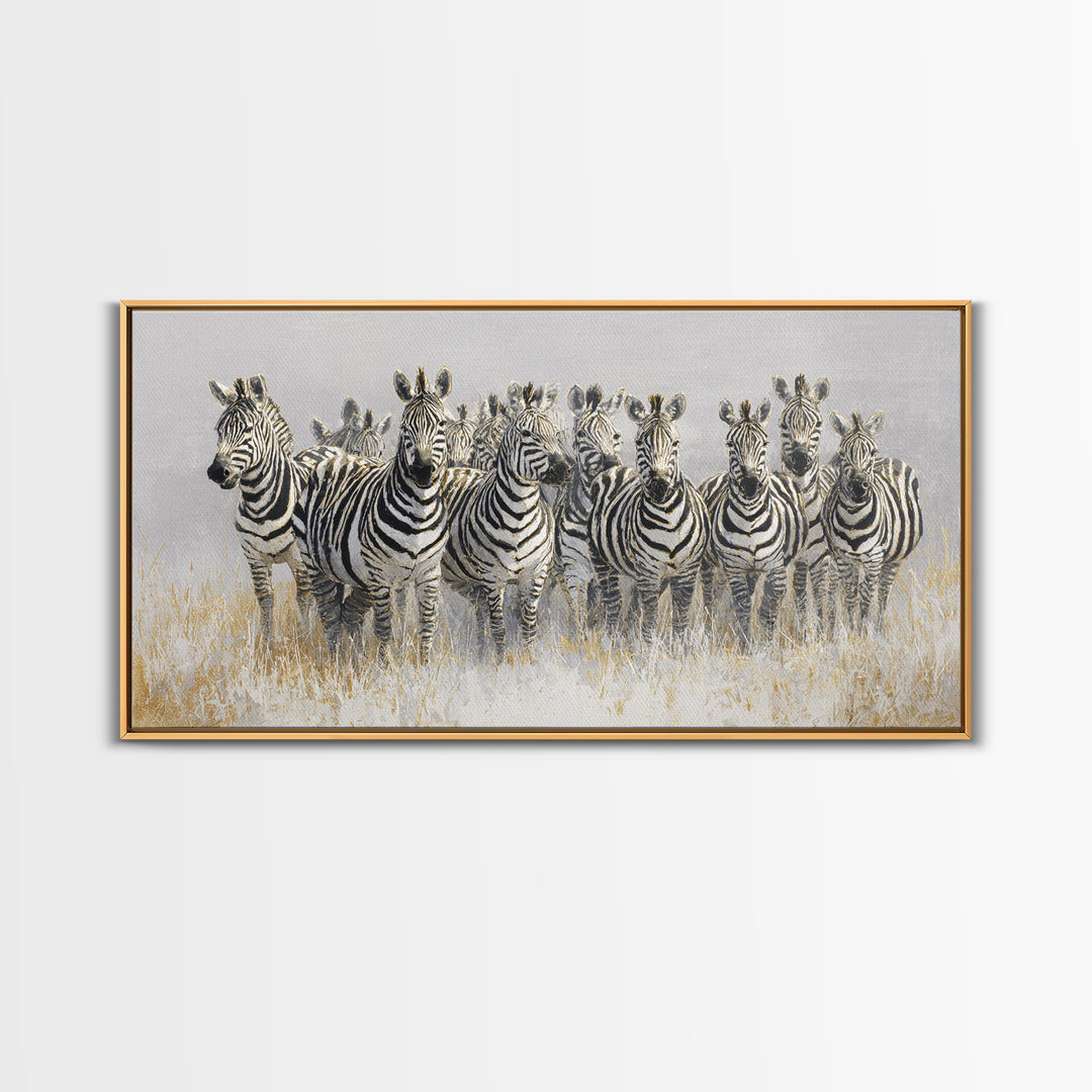 Zebra Herd in Graphic Black and White Framed Canvas Print, Wildlife Art, Bird Wall Art, Living Room Decor, Fine Art, Wild, WIL-2x1-79