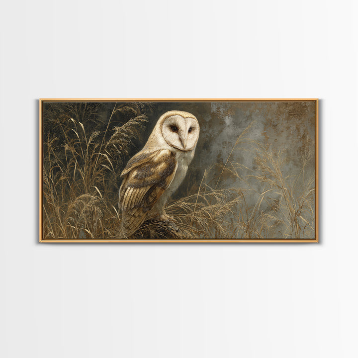Owl Perched in Moonlit Woodland Framed Canvas Print, Wildlife Art, Living Room Wall Art, Living Room Decor, Fine Art, Wild, WIL-2x1-80