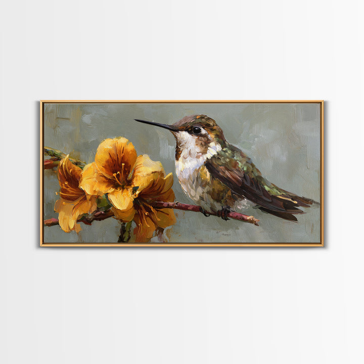Hummingbird Beside Bright Flowers Framed Canvas Print, Wildlife Art, Bird Art, Living Room Decor, Watercolor Art, Wild, WIL-2x1-84