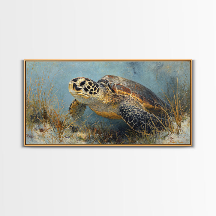 Sea Turtle over Coral Reef Framed Canvas Print, Wildlife Art, Home Decor, Living Room Decor, Fine Art, Wild, Boho Wall Decor, WIL-2x1-86