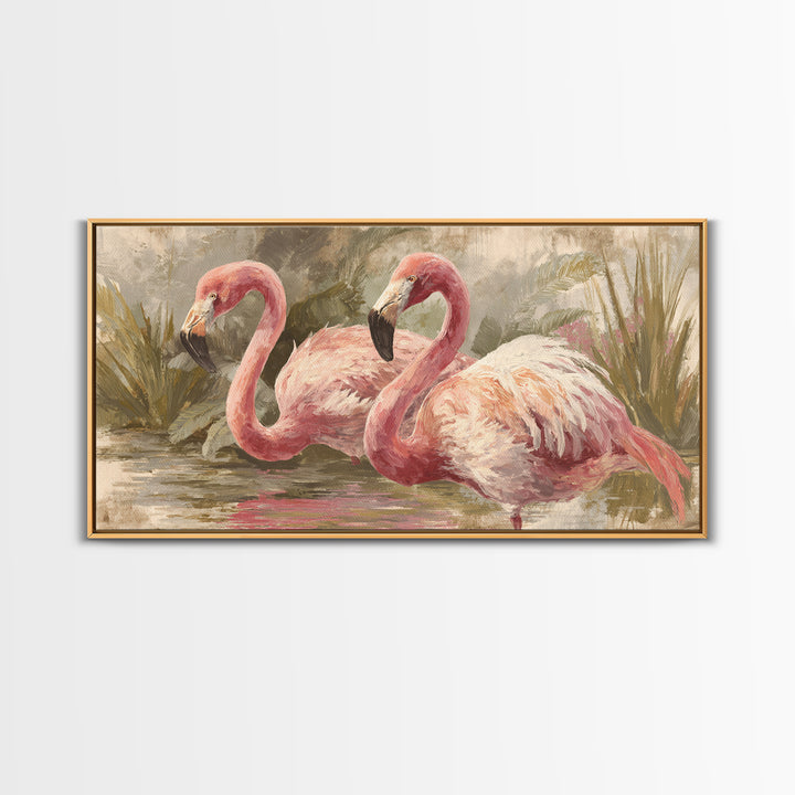 Flamingos in Pink Shallow Water Framed Canvas Print, Wildlife Art, Art, Living Room Decor, Oil Painting, Wild, WIL-2x1-90