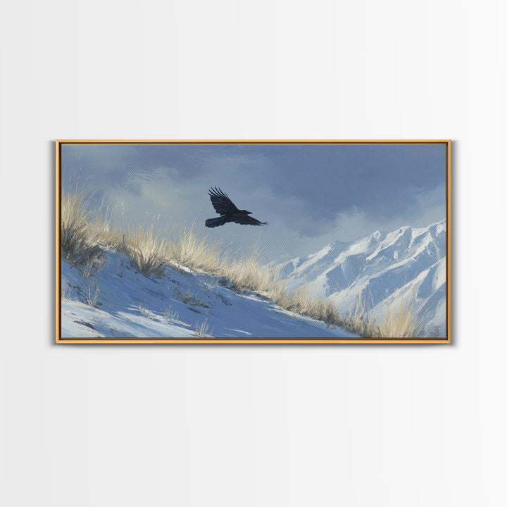 Raven Flying Through Snowy Mountains Framed Canvas Print, Wildlife Art, Boho Wall Decor, Living Room Decor, Fine Art, Wild, WIL-2x1-92