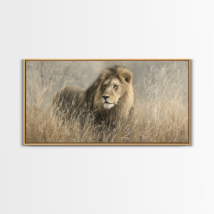 Lion Emerging from Golden Savanna Grass Canvas Print, Wildlife Art, Wall Art Print, Living Room Decor, Fine Art, Wild, WIL-2x1-93