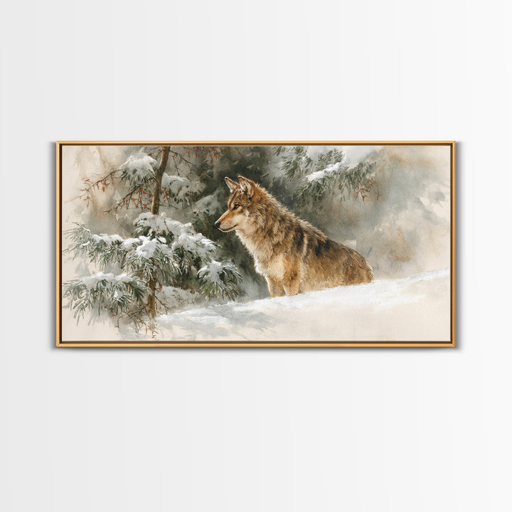 Wolf Standing Beneath Snowy Pine Trees Framed Canvas Print, Wildlife Art, Unique Home Decor, Living Room Decor, Fine Art, Wild, WIL-2x1-95