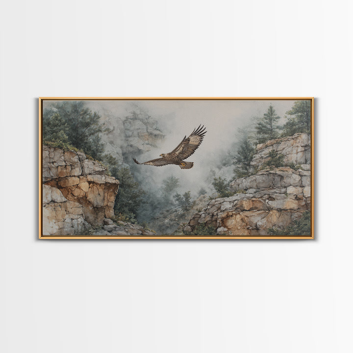 Eagle Soaring Above Rocky Cliffs Canvas Print, Wildlife Art, Living Room Decor, Watercolor Art, Wild, Living Room Wall Art, WIL-2x1-98