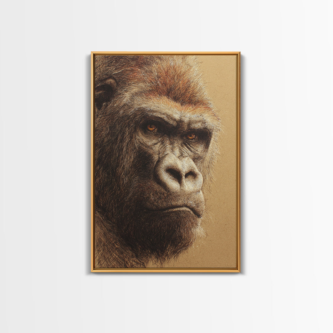 Gorilla Portrait with Powerful Gaze Framed Canvas Print, Wildlife Art, Wall Art, Living Room Decor, Wild, Modern Wall Art, WIL-2x3-1