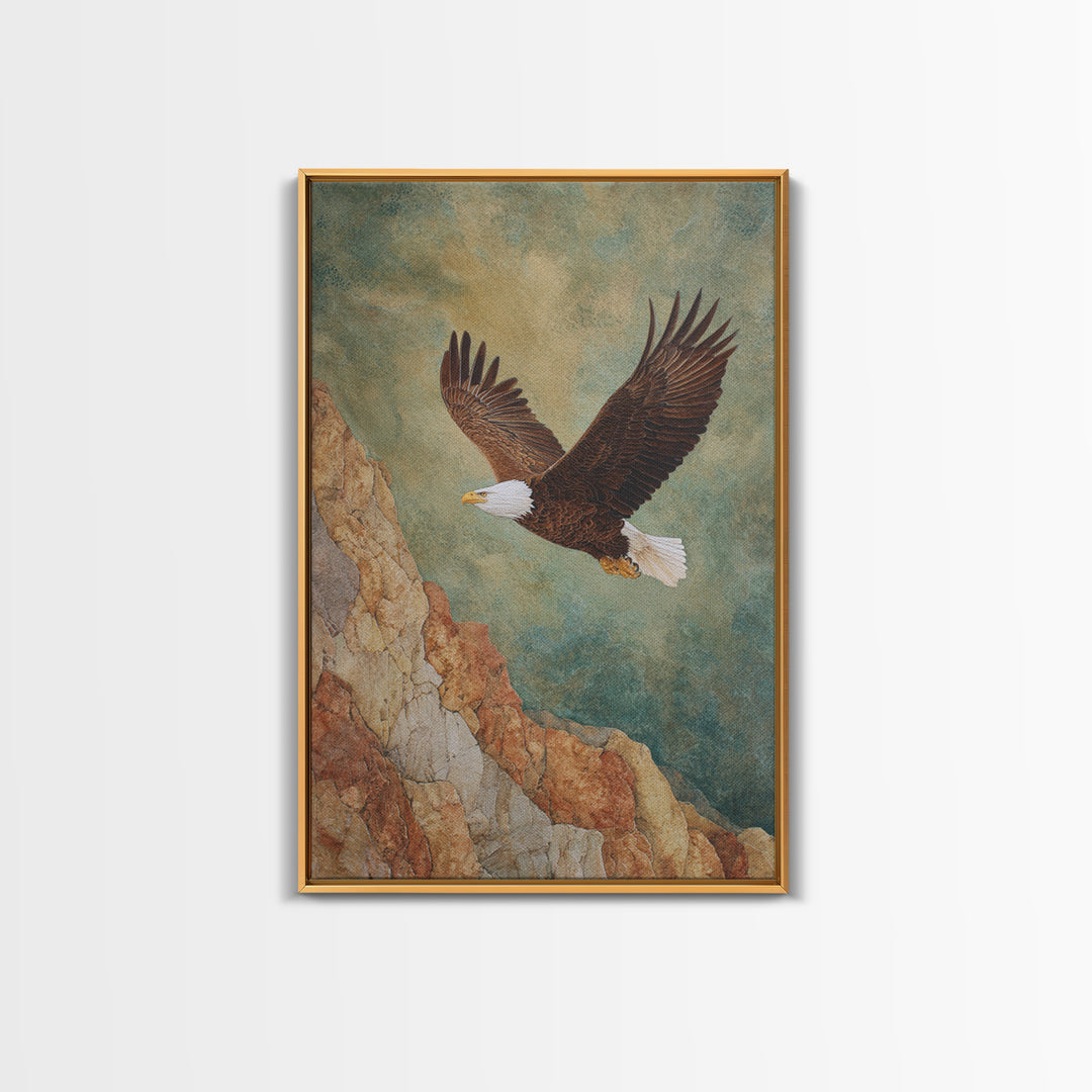 Eagle Soaring Above Rocky Cliffs Canvas Print, Wildlife Art, Art Print, Living Room Decor, Oil Painting, Wild, Digital Wall Art, WIL-2x3-14