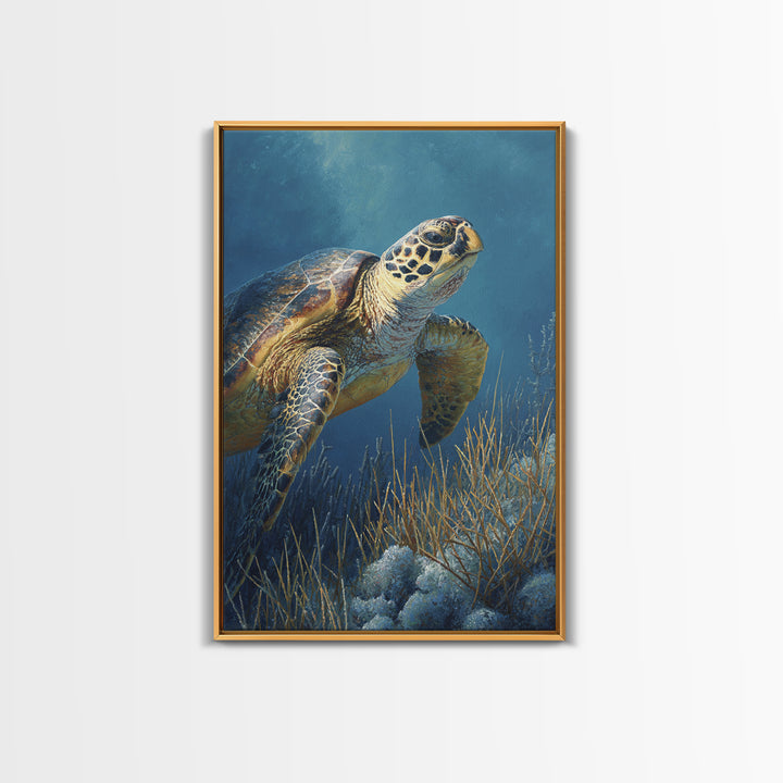 Sea Turtle over Coral Reef Framed Canvas Print, Wildlife Art, Boho Decor, Living Room Decor, Abstract Art, Wild, Painting, WIL-2x3-2