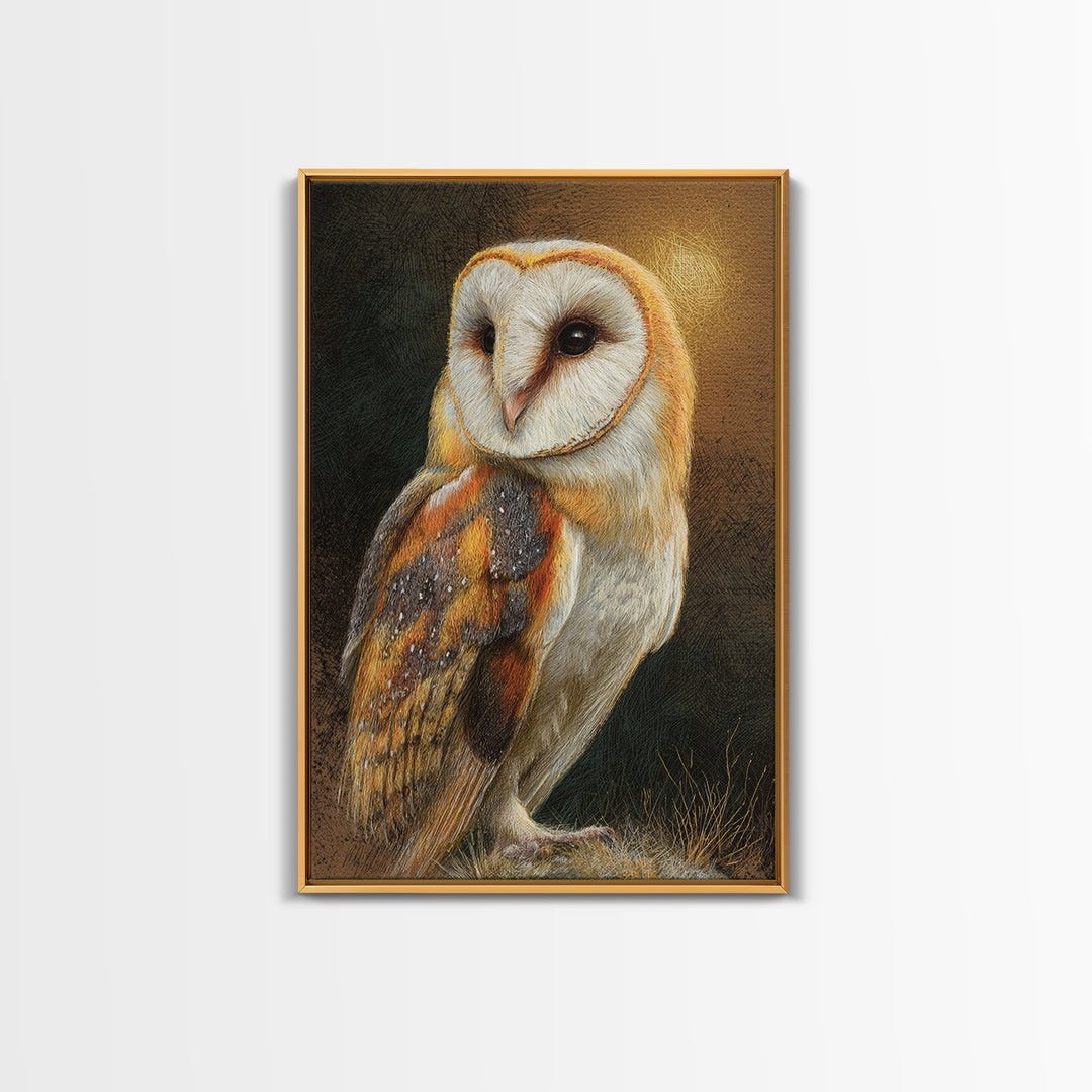 Owl Perched in Moonlit Woodland Framed Canvas Print, Wildlife Art, Oil Painting, Living Room Decor, Wild, Bedroom Wall Art, WIL-2x3-20
