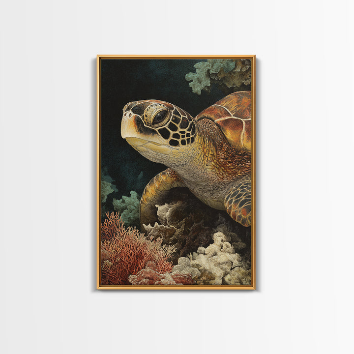 Sea Turtle over Coral Reef Framed Canvas Print, Wildlife Art, Boho Decor, Living Room Decor, Abstract Art, Wild, Painting, WIL-2x3-26