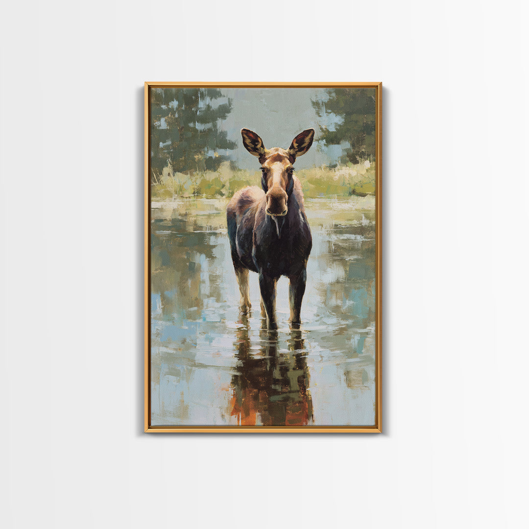 Moose Standing in Reflective Lake Framed Canvas Print, Wildlife Art, Forest Wall Art, Living Room Decor, Fine Art, Wild, WIL-2x3-3