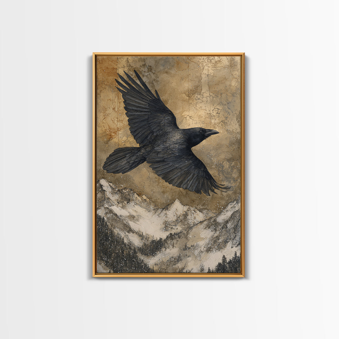 Raven Flying Through Snowy Mountains Canvas Print, Wildlife Art, Nature Wall Art, Living Room Decor, Watercolor Art, Wild, WIL-2x3-32