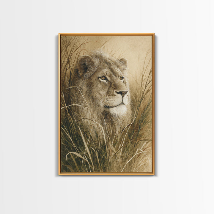 Lion Emerging from Golden Savanna Grass Framed Canvas Print, Wildlife Art, Living Room Decor, Watercolor Art, Wild, WIL-2x3-33