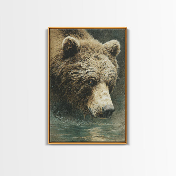 Bear Fishing in Rushing Mountain River Framed Canvas Print, Wildlife Art, Leopard Wall Art, Living Room Decor, Watercolor Art, WIL-2x3-36