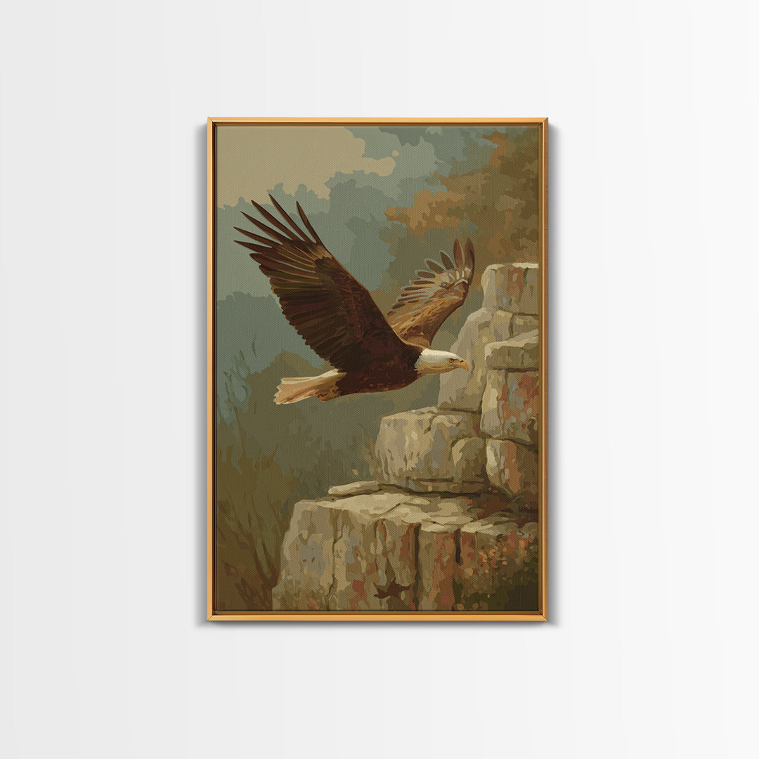 Eagle Soaring Above Rocky Cliffs Framed Canvas Print, Wildlife Art, Wall Art, Living Room Decor, Wild, Modern Wall Art, WIL-2x3-38