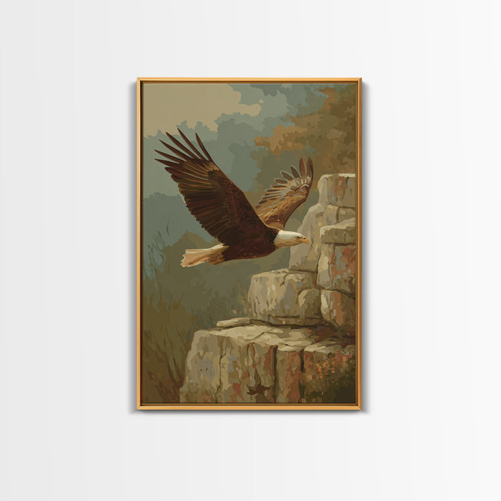 Eagle Soaring Above Rocky Cliffs Framed Canvas Print, Wildlife Art, Wall Art, Living Room Decor, Wild, Modern Wall Art, WIL-2x3-38