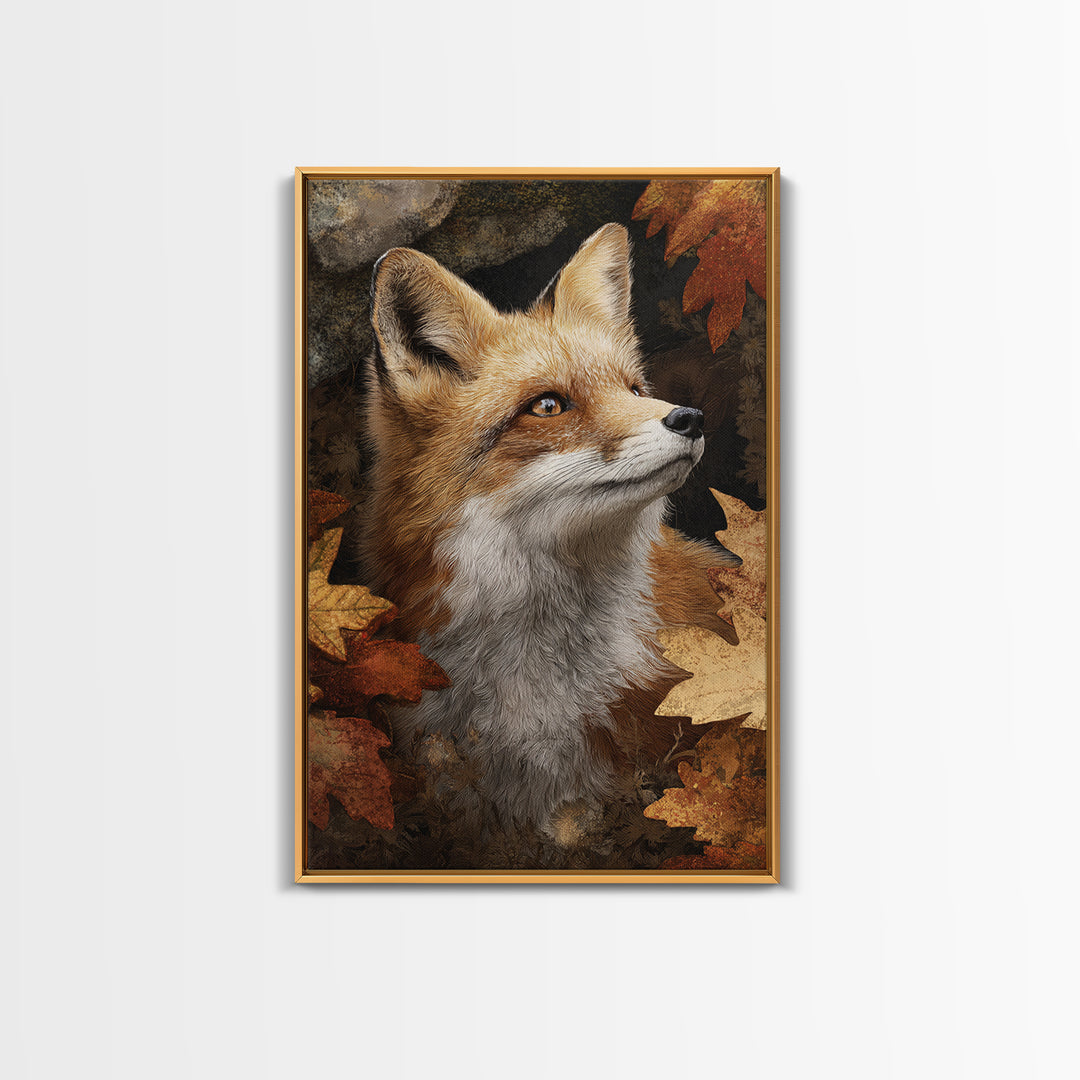 Fox in Autumn Forest Leaves Framed Canvas Print, Wildlife Art, Painting, Living Room Decor, Wild, Living Room Wall Art, WIL-2x3-41