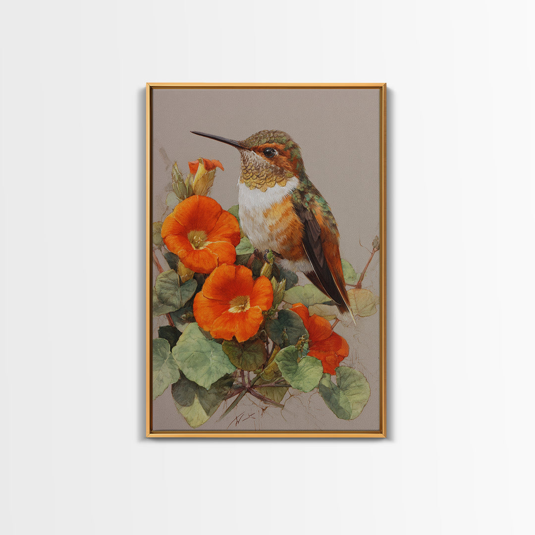 Hummingbird Beside Bright Flowers Framed Canvas Print, Wildlife Art, Boho Decor, Living Room Decor, Fine Art, Wild, Painting, WIL-2x3-48