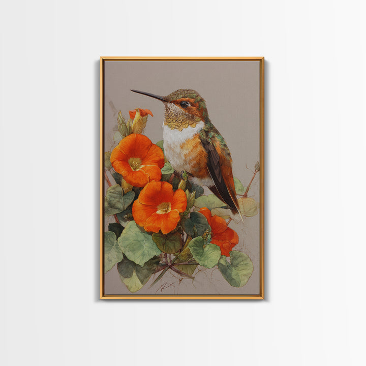 Hummingbird Beside Bright Flowers Framed Canvas Print, Wildlife Art, Boho Decor, Living Room Decor, Fine Art, Wild, Painting, WIL-2x3-48