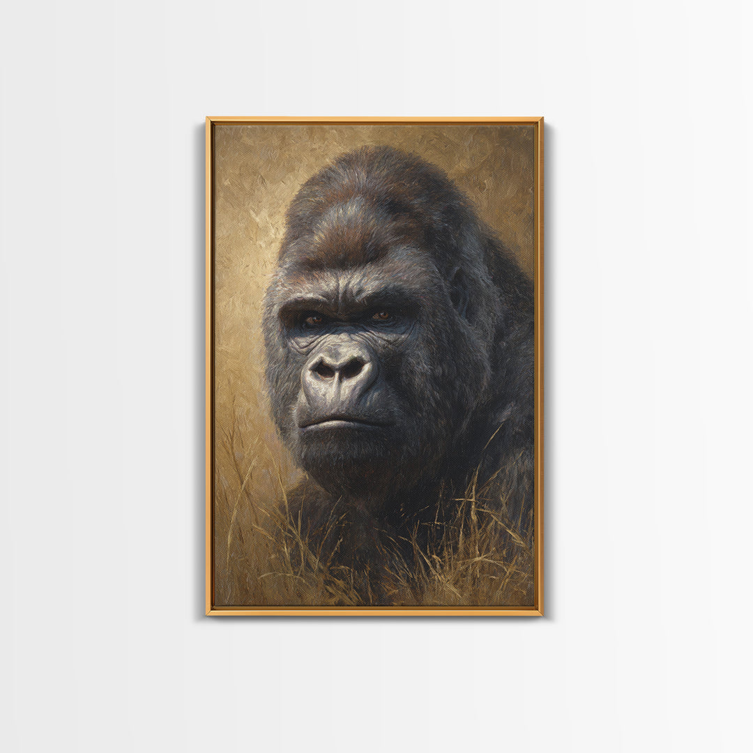 Gorilla Portrait with Powerful Gaze Canvas Print, Wildlife Art, Oil Painting, Living Room Decor, Wild, Bedroom Wall Art, WIL-2x3-49