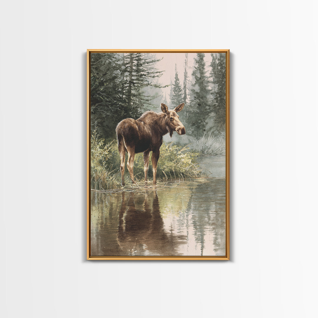 Moose Standing in Reflective Lake Framed Canvas Print, Wildlife Art, Room Decor, Living Room Decor, Fine Art, Wild, WIL-2x3-51