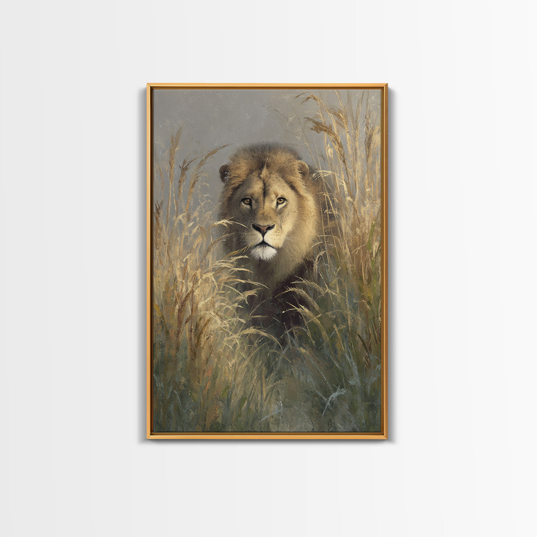 Lion Emerging from Golden Savanna Grass Canvas Print, Wildlife Art, Boho Wall Decor, Living Room Decor, Oil Painting, Wild, WIL-2x3-57