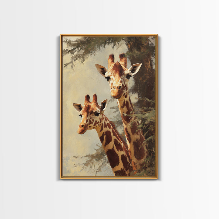 Giraffe Pair under Acacia Tree Framed Canvas Print, Wildlife Art, Painting, Living Room Decor, Watercolor Art, Wild, Bird Art, WIL-2x3-63