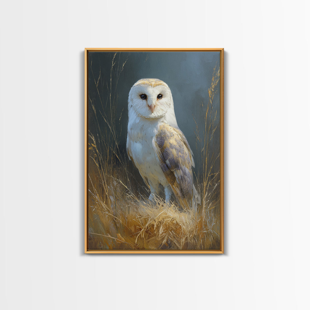 Owl Perched in Moonlit Woodland Framed Canvas Print, Wildlife Art, Large Wall Art, Living Room Decor, Fine Art, Wild, WIL-2x3-68