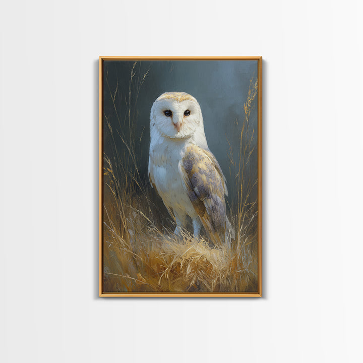 Owl Perched in Moonlit Woodland Framed Canvas Print, Wildlife Art, Large Wall Art, Living Room Decor, Fine Art, Wild, WIL-2x3-68