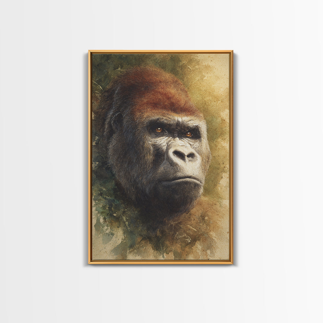 Gorilla Portrait with Powerful Gaze Framed Canvas Print, Wildlife Art, Wall Art Print, Living Room Decor, Oil Painting, Wild, WIL-2x3-73