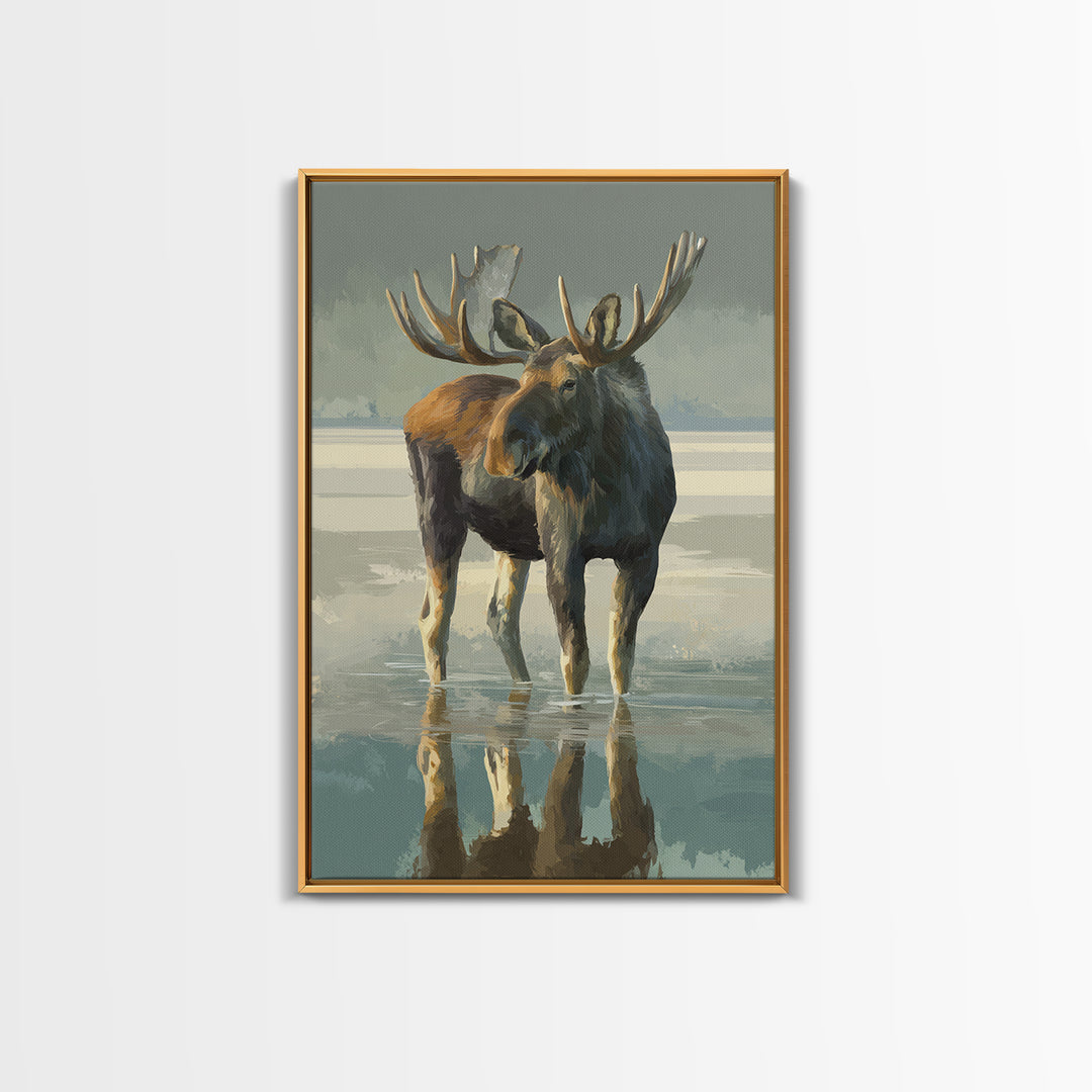 Moose Standing in Reflective Lake Framed Canvas Print, Wildlife Art, Digital Wall Art, Living Room Decor, Fine Art, Wild, WIL-2x3-75
