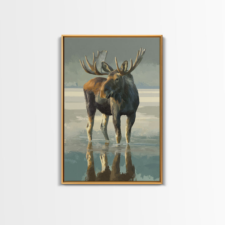 Moose Standing in Reflective Lake Framed Canvas Print, Wildlife Art, Digital Wall Art, Living Room Decor, Fine Art, Wild, WIL-2x3-75