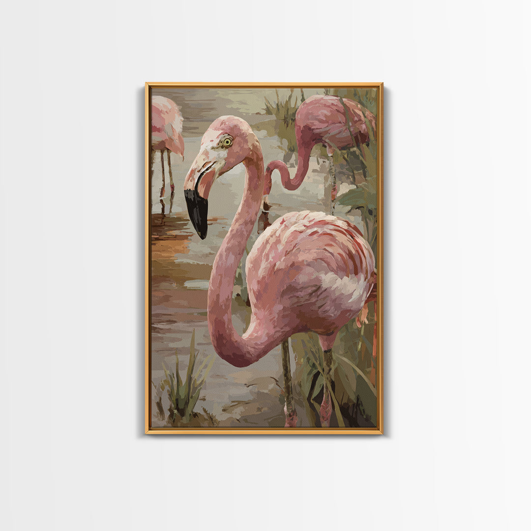 Flamingos in Pink Shallow Water Framed Canvas Print, Wildlife Art, Painting, Living Room Decor, Wild, Living Room Wall Art, WIL-2x3-78