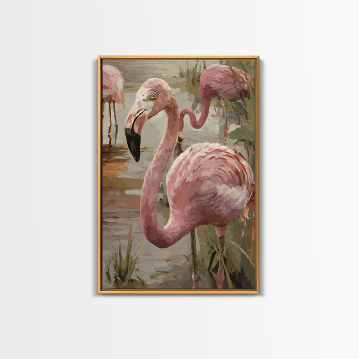 Flamingos in Pink Shallow Water Framed Canvas Print, Wildlife Art, Painting, Living Room Decor, Wild, Living Room Wall Art, WIL-2x3-78