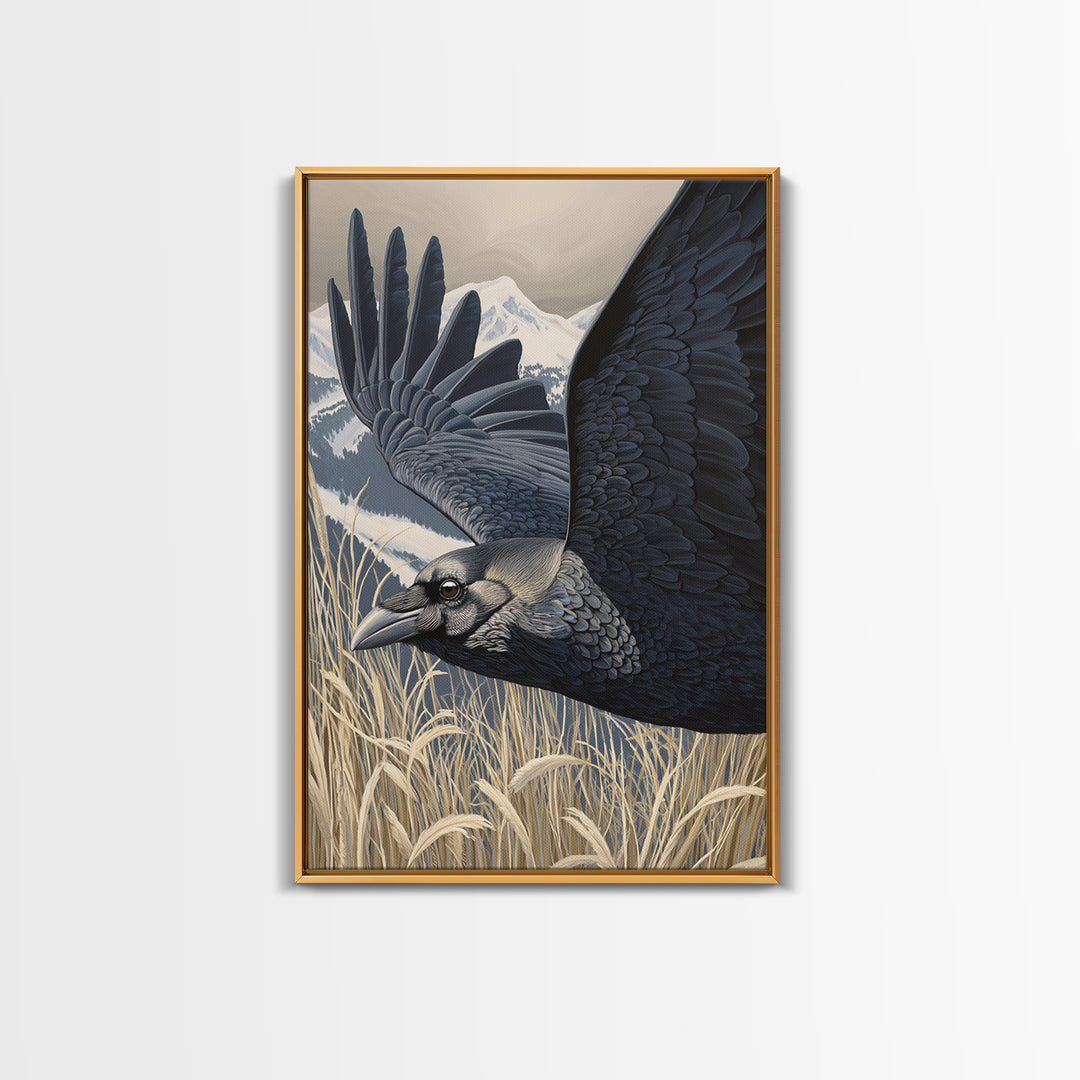 Raven Flying Through Snowy Mountains Framed Canvas Print, Wildlife Art, Landscape Art, Living Room Decor, Fine Art, Wild, WIL-2x3-8