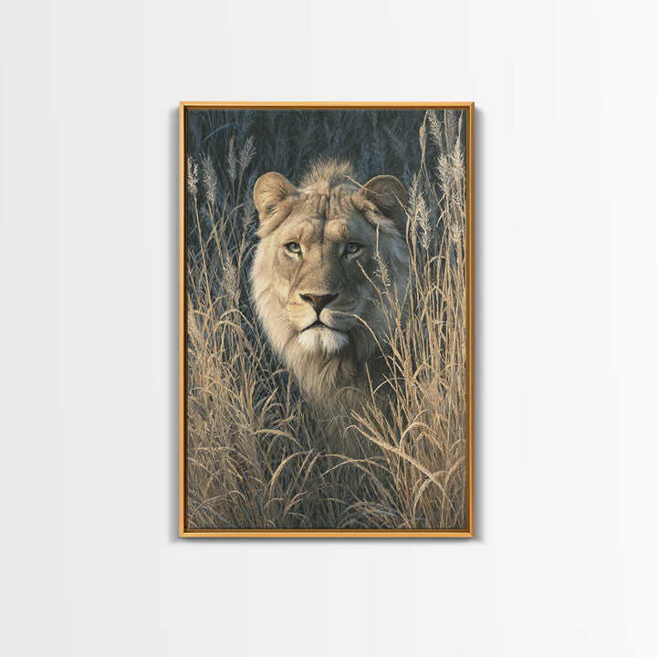 Lion Emerging from Golden Savanna Grass Canvas Print, Wildlife Art, Boho Wall Decor, Living Room Decor, Oil Painting, Wild, WIL-2x3-81