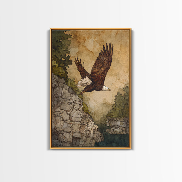 Eagle Soaring Above Rocky Cliffs Canvas Print, Wildlife Art, Oil Painting, Living Room Decor, Abstract Art, Wild, WIL-2x3-86