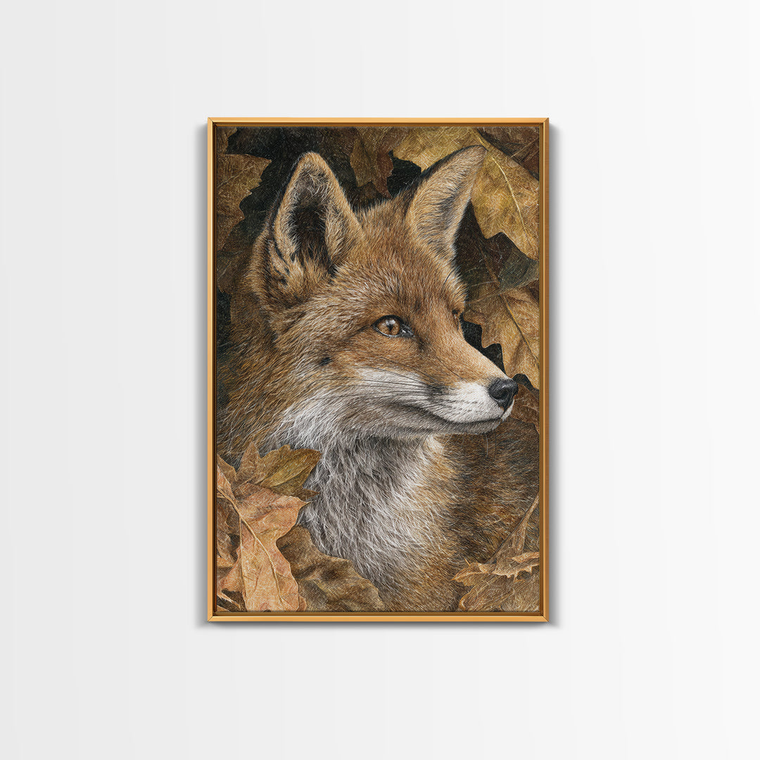 Fox in Autumn Forest Leaves Framed Canvas Print, Wildlife Art, Canvas Print, Living Room Decor, Fine Art, Wild, Forest Wall Art, WIL-2x3-89