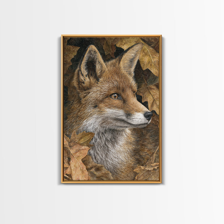 Fox in Autumn Forest Leaves Framed Canvas Print, Wildlife Art, Canvas Print, Living Room Decor, Fine Art, Wild, Forest Wall Art, WIL-2x3-89