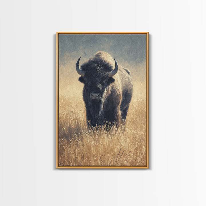 Bison on Wide Western Prairie Framed Canvas Print, Wildlife Art, Living Room Decor, Wild, Living Room Art, Canvas Painting, WIL-2x3-93