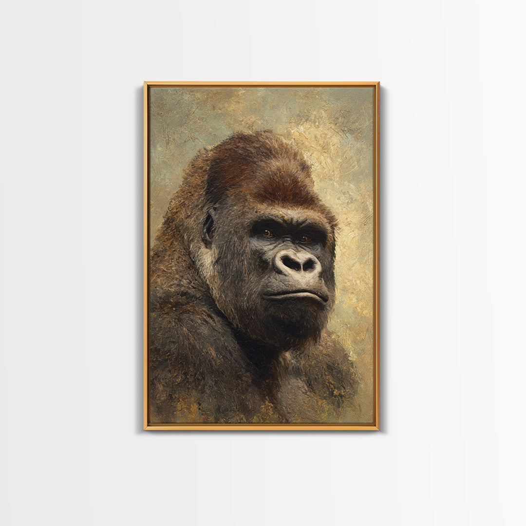Gorilla Portrait with Powerful Gaze Framed Canvas Print, Wildlife Art, Wall Art Print, Living Room Decor, Oil Painting, Wild, WIL-2x3-97