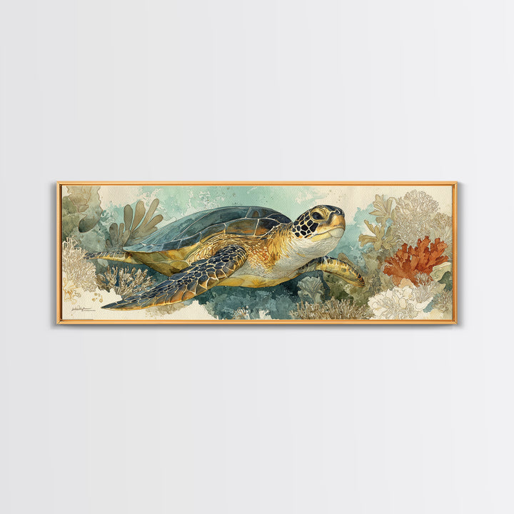 Sea Turtle over Coral Reef Framed Canvas Print, Wildlife Art, Home Decor, Living Room Decor, Fine Art, Wild, Boho Wall Decor, WIL-3x1-10