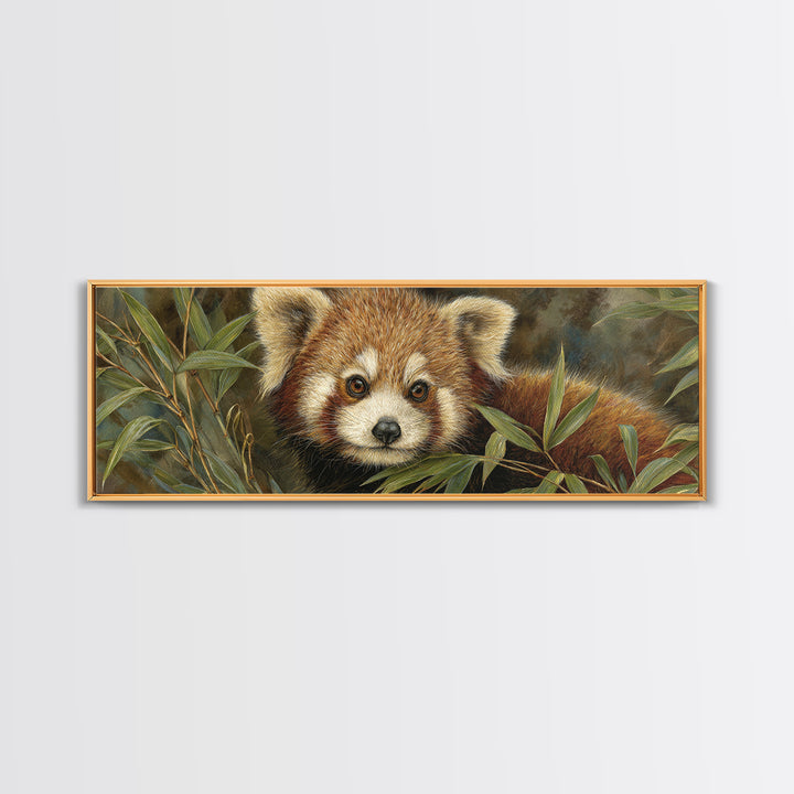 Red Panda Among Bamboo Leaves Framed Canvas Print, Wildlife Art, Canvas Painting, Living Room Decor, Wild, Luxury Decor, WIL-3x1-12